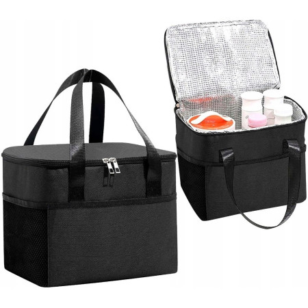 Geanta Termica Cyrax pentru Pranz, Compartimente Telefon si Tacamuri, Multifunctionala, Impermeabila, 24x18x21 cm, Negru