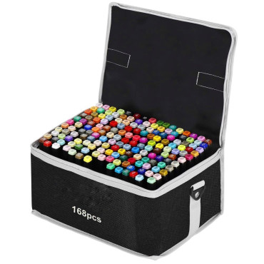 Set 168 Markere Duble, Cyrax, pe Baza de Alcool, Geanta Impermeabila Inclusa, Culori Numerotate, 23 x 16 x 20 cm, Multicolor