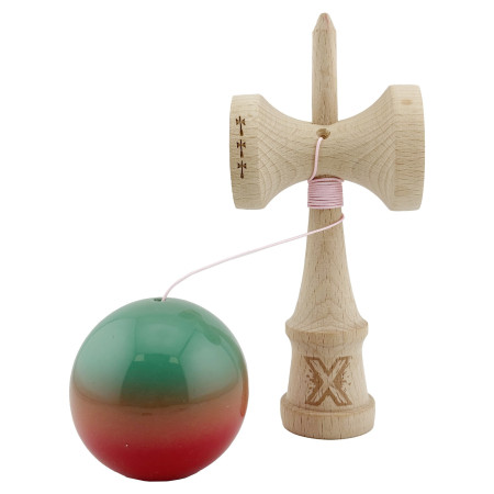 Kendama X Originala, Profesionala, Cyrax, Big Cups V2, Super Sticky Cupe Mari, Rulment Metalic cu Ata 55 cm, Rosu/Verde