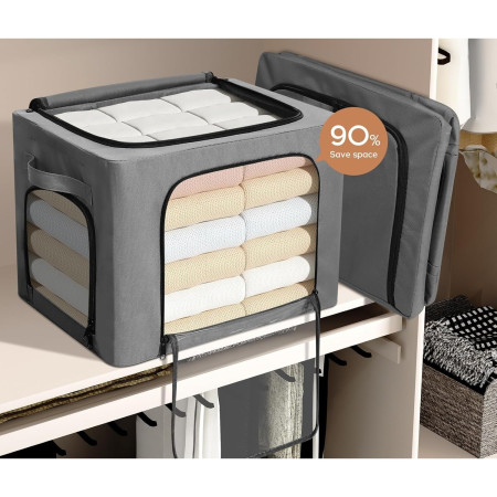 Cutie de Depozitare,  cu 3 Ferestre cu Fermoar Bidirectional, Cadru din Otel, Impermeabil, 38L, 42 x 30 x 30 cm, Gri Inchis