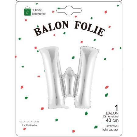 Balon Folie Metalizata Litera W, Cyrax, 40 cm, Umflati cu Heliu sau Aer, Ambalaj Individual, Pai inclus, Argintiu