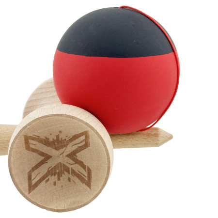 Kendama X Originala, Profesionala, Cyrax, Cupe Mari KING SIZE V3, Rubber Grip, Gaura in Baza, Rulment Metalic, din lemn 18 cm, Ata 62/65 cm, Bicolor Negru/Rosu