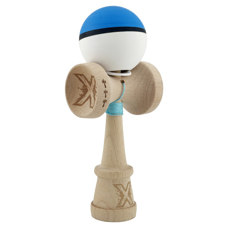Kendama X Originala, Profesionala, Cyrax, Cupe Mari KING SIZE V3, Rubber Grip, Gaura in Baza, Rulment Metalic, din lemn 18 cm, Ata 62/65 cm, S Bicolor Albastru/Alb
