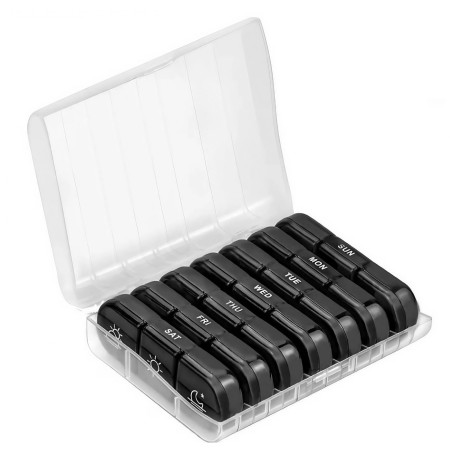 Cutie Depozitare Medicamente,  7 Zile, 21 Compartimente, Cutie Suport, Recipiente Detasabile, Portabila, Compartimente Negre, Cutie Transparenta, 15.6x12 cm