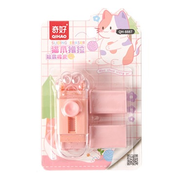 Radiera Retractabila,  Model Pisica Push-Pull pentru elevii, Radiera de tip Push, Doua Radiere de Rezerva in set, Roz Pal