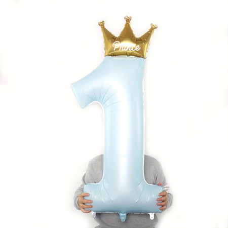Balon din Folie Metalizata, Cyrax, Figurina Cifra 1, Model Coroana Print, 91 cm, Ambalaj Individual, Pai inclus, Umflare cu Aer sau Heliu, Albastru