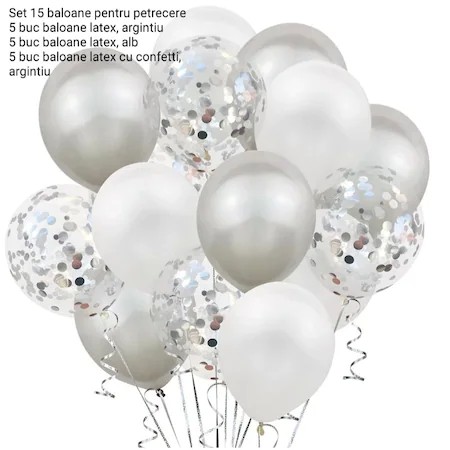 Set 15 baloane pentru petrecere, Cyrax, alb/argintiu, 30 cm