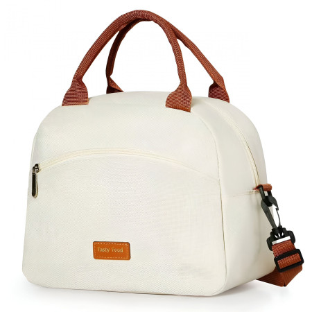 Geanta Termica pentru Pranz Cyrax, Multifunctionala, Compartimentata, Impermeabila, 2 Tipuri de Manere, 26x14.3x21.2 cm, Crem
