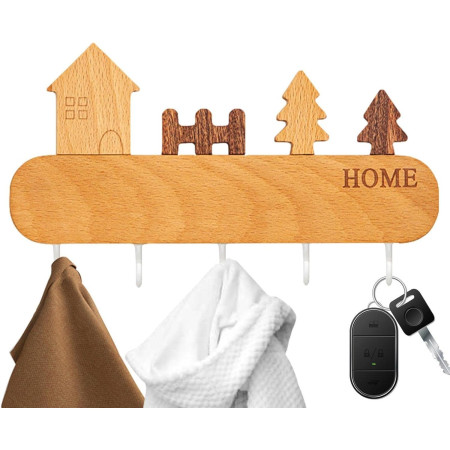 Suport pentru Chei,  din Lemn, Aplicare fara Perforare, Adeziv Inclus, 5 Carlige Albe, Model Casuta, Greutate Suportata 5 kg, 13.5 x 23 cm, Maro