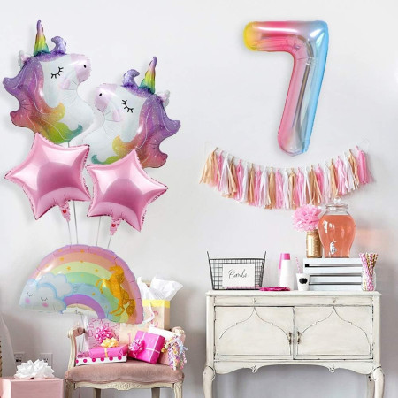 Balon din Folie Metalizata Gradient Cyrax, Figurina Cifra, Tema Aniversare 100 cm, Ambalaj Individual, Pai inclus, Umflare cu Aer sau Heliu, Multicolor, Cifra 7