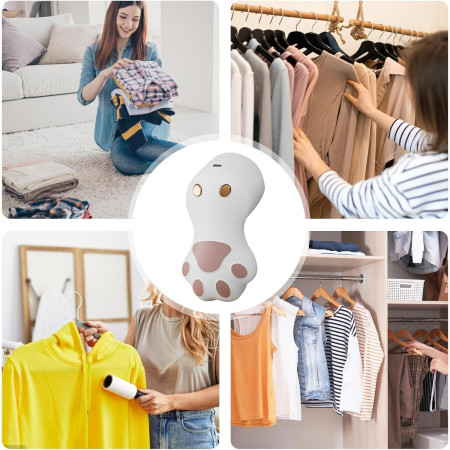 Aparat pentru Curatat Scame, Par Si Praf,  Pentru Diferite Tipuri De Material, Incarcare USB Type-C, Model Labuta de Pisica, 14x7x7.5 cm, Alb-Roz