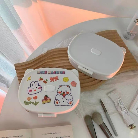 Cutie cu Oglinda, Model Pisica, Cyrax, 4 Compartimente, Cutie de Depozitare a Machiajelor si Accesoriilor, Oglinda de Machiaj, 17x13x6cm, Alb