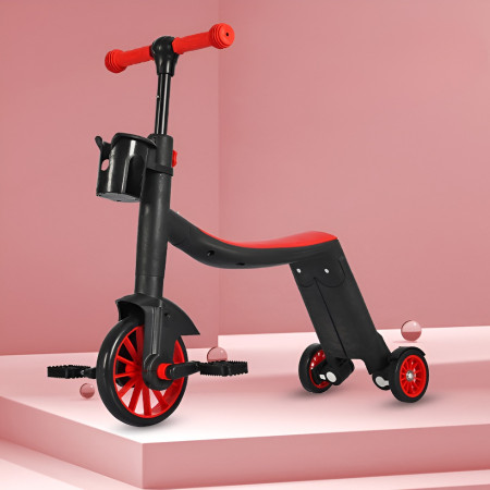 Bicicleta 8 in 1, Cyrax, Transformabila, Multifunctionala, Reglare Inaltime, cu Maner de Impingere Detasabil, Tricicleta, Trotineta, 3 Roti, Pedale, Cosulet, 3-6 Ani, Rosu
