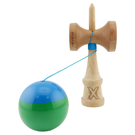 Kendama X Originala, Profesionala, Cyrax, Big Cups V2, Super Sticky cu Cupe Mari, Rulment Metalic, din lemn 18 cm, Ata 55 cm, Albastru/Verde