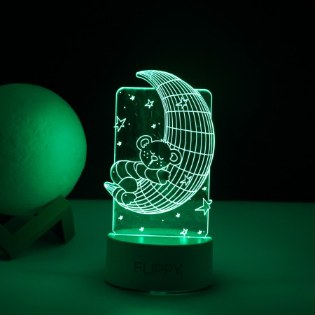 Lampa LED decorativa,  3D, Ursulet si Semiluna, cu telecomanda, doua moduri de alimentare USB si baterii, 20 cm inaltime, din material acril si lumina multicolora, alb