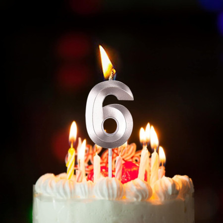 Lumanare Cifra 6, Cyrax, Model Diamond, 5 x 3.4 cm, Argintiu