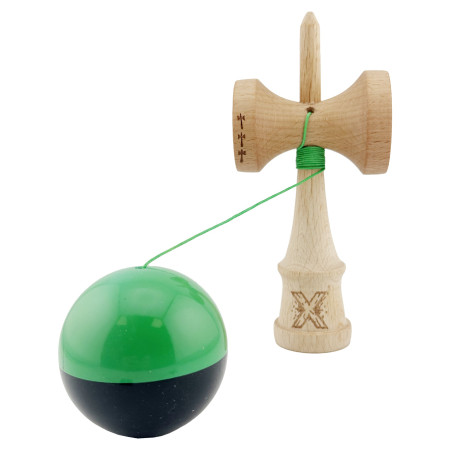 Kendama X Originala, Profesionala, Cyrax, Big Cups V2, Super Sticky cu Cupe Mari, Rulment Metalic, din lemn 18 cm, Ata 55 cm, Verde/Negru
