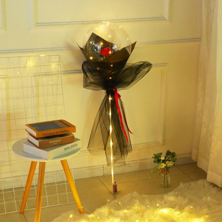 Buchet Decorativ, Cyrax, Trandafir in Balon cu Lumini Led, Diametru 35 cm, 2 x Baterii AA (neincluse), Rosu/Negru