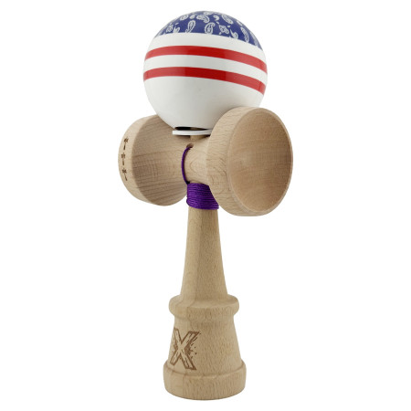Kendama X Originala CHICANOS, Profesionala, Cyrax, Cupe Mari KING SIZE V3, Super Sticky, Gaura in Baza, Rulment Metalic, din lemn 18 cm, Ata 55 cm, Mov/Alb