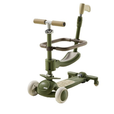 Trotineta Tip Carucior pentru Copii 7in1, Cyrax, Pliabila, Ghidon Reglabil, Parti Detasabile, Lumini LED, Muzica, Suport pentru picioare, Verde
