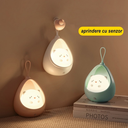 Lampa de veghe portabila cu 2 moduri de functionare  silicon non-toxic, reincarcabila USB, senzor miscare, alb, iepuras