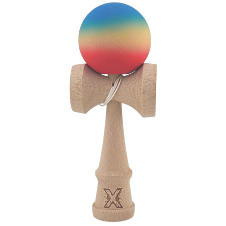 Kendama X Originala, Profesionala, Cyrax, din Lemn, Rubber Grip, 18 cm, Rosu/Galben/Albastru