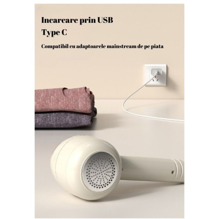 Aparat Pentru Curatat Scame, Par Si Praf,  Pentru Diferite Tipuri De Material, Cu Lame Din Otel Inoxidabil, Incarcare Prin USB Type-C, Cu Perie De Curatare, Cablu USB Si Stick Cu Lipici Incluse, Alb, 220 x 86 mm