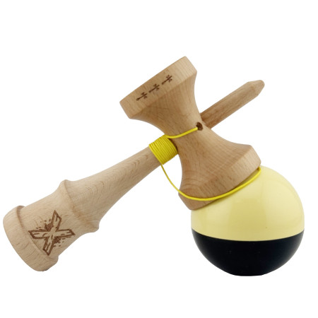 Kendama X Originala, Profesionala, Cyrax, Big Cups V2, Super Sticky cu Cupe Mari, Rulment Metalic, din lemn 18 cm, Ata 55 cm, Galben/Negru