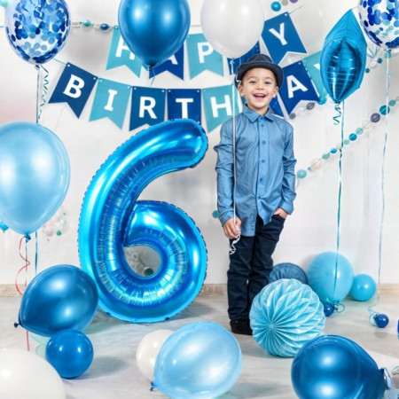 Balon din Folie Metalizata Cyrax, Figurina Cifra, Tema Aniversare 80 cm, Ambalaj Individual, Pai inclus, Umflare cu Aer sau Heliu, Albastru, Cifra 6