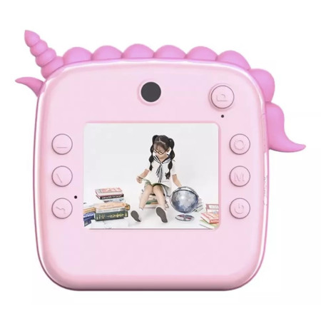 Camera Instantanee pentru Copii, Cyrax, Camera Frontala + Selfie, cu Functie de Printare, Cablu USB-C, Bluetooth, Compatibil iOS/Android, Model Unicorn, Snur Inclus, Roz