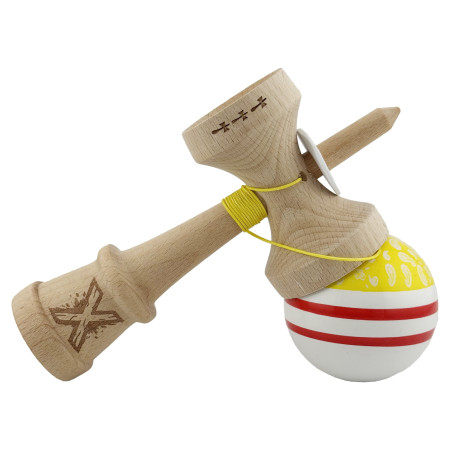 Kendama X Originala CHICANOS, Profesionala, Cyrax, Cupe Mari KING SIZE V3, Super Sticky, Gaura in Baza, Rulment Metalic, din lemn 18 cm, Ata 55 cm, Galben/Alb