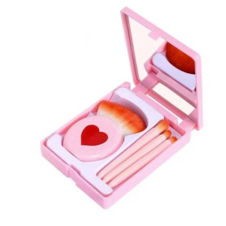 Set 4 Mini Pensule de Machiaj, Cyrax, Portabile, in Carcasa cu Oglinda, din Par Sintetic Moale, Roz, Model cu Inima, 12x7x2.5 cm
