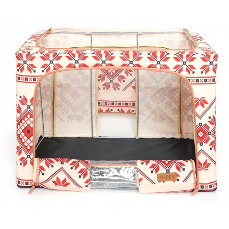 Cutie de Depozitare Pliabila, 100 L din Bumbac si In, 60X42X40 cm, Fereastra Frontala, 2 Usi de Acces cu Fermoar Bidirectional, Cadru Metalic, Suport Baza Stabil din Plastic, Motiv Traditional Model 2