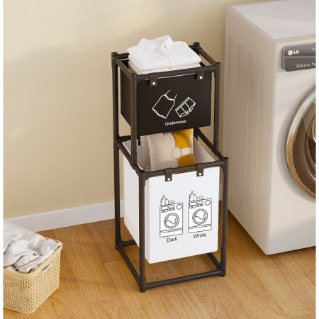 Cos de Rufe,  cu 2 Etaje, 2 Cosuri, Cadru de Otel Inoxidabil, 97x44x31 cm, Negru