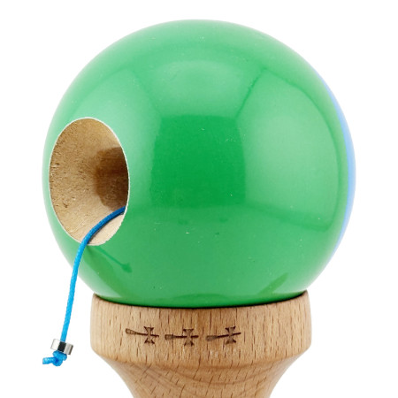 Kendama X Originala, Profesionala, Cyrax, Big Cups V2, Super Sticky cu Cupe Mari, Rulment Metalic, din lemn 18 cm, Ata 55 cm, Albastru/Verde
