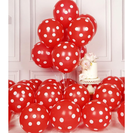 Set 10 Baloane din Latex, Cyrax, Model Party cu Buline, 30 cm, Alb si Rosu, 2.8 g