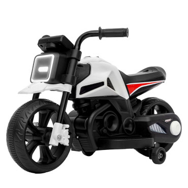 Motocicleta Electrica cu 2 Roti Mari si 2 Roti Ajutatoare, Cyrax, Acumulator Incarcare, Anti-Rasturnare, Lumini, Muzica, Motor:380, Baterie 6V4.5, 41.5x70x34 cm, 4.5 Kg, 3 Ani+, Alb Negru