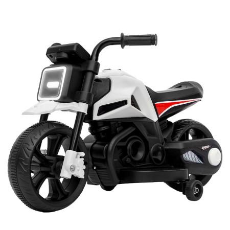 Motocicleta Electrica cu 2 Roti Mari si 2 Roti Ajutatoare, Cyrax, Acumulator Incarcare, Anti-Rasturnare, Lumini, Muzica, Motor:380, Baterie 6V4.5, 41.5x70x34 cm, 4.5 Kg, 3 Ani+, Alb Negru
