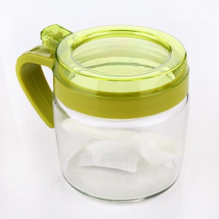 Recipient Condimente, Cyrax, din Stilca, 180 ml, cu Maner si Lingurita, 8 x 9 cm, Capac Transparent, Verde
