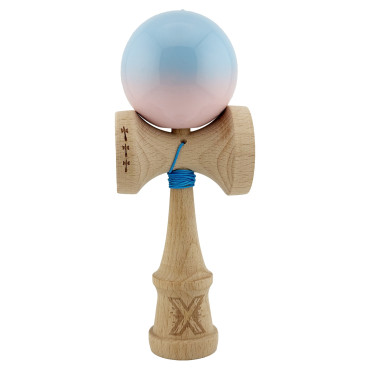 Kendama X Originala, Profesionala, Cyrax, Big Cups V2, Super Sticky cu Cupe Mari, din lemn 18 cm, Rulment Metalic cu Ata 55 cm, Albastru deschis/Roz