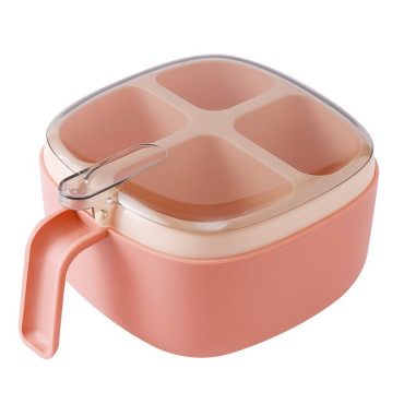 Recipient pentru condimente Cyrax, 4 casute, potrivit pentru sare, cimbru, piper, condimente, 4 lingurite din plastic, capac din plastic, maner, 14x14x8 cm, roz