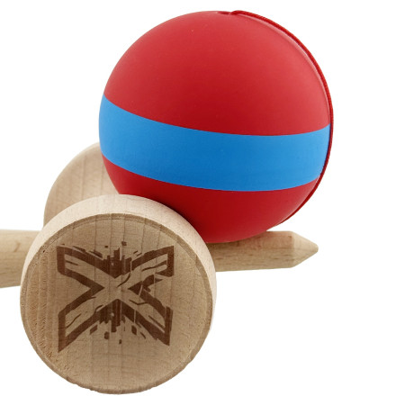 Kendama X Originala, Profesionala, Cyrax, Cupe Mari KING SIZE V3, Rubber Grip, Gaura in Baza, Rulment Metalic, din lemn 18 cm, Ata 62/65 cm, M Bicolor Rosu/Albastru