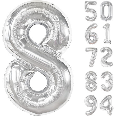 Balon din Folie Metalizata, Cyrax, Figurina Cifra, Tema Aniversare 100 cm, Ambalaj Individual, Pai inclus, Umflare cu Aer sau Heliu, Argintiu, Cifra 8