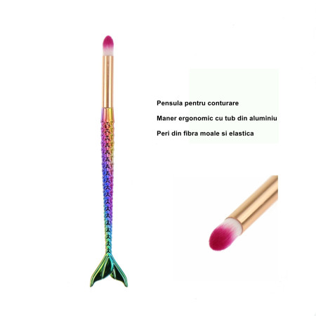 Set 3 Pensule pentru Machiaj Cyrax, in Forma de Sirena, Electroplacate, Detalii Fine, Maner Ergonomic, Peri din Fibra Moale, Multicolor
