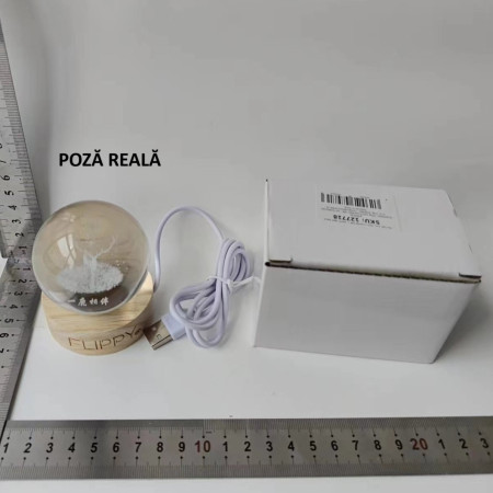 Lampa LED Decorativa,  cu Bila de Cristal cu Diametru 6cm, Model Cerb 3D, Alimentare USB, Suport din Lemn, Lumina Alb Cald