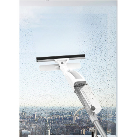 Stergator de Geamuri  cu Doua Fete, Tija Telescopica, cu Recipient de Lichid, Laveta din Microfibra, Racleta Silicon, 120 cm, Alb