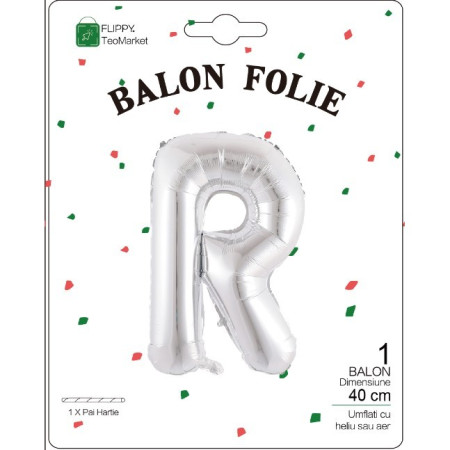 Balon Folie Metalizata Litera R, Cyrax, 40 cm, Umflati cu Heliu sau Aer, Ambalaj Individual, Pai inclus, Argintiu