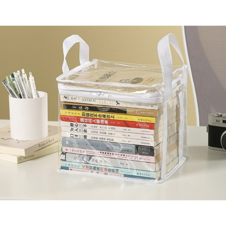 Cutie de Depozitare,  din PVC+Textil, Rezistenta la Apa, Geanta pentru Carti, 23x17x28 cm, Transparent-Alb