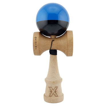 Kendama X Originala, Profesionala, Cyrax, Big Cups V2, Super Sticky cu Cupe Mari, Rulment Metalic, din lemn 18 cm, Ata 55 cm, Albastru/Negru