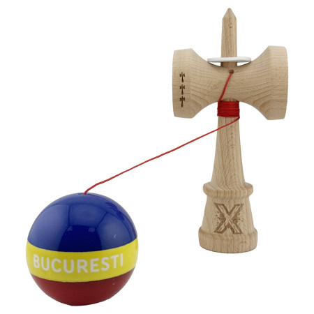 Kendama X Originala, Profesionala, Cyrax, Tricolor Edition BUCURESTI, Super Sticky cu Cupe Mari KING SIZE V3, Rulment Metalic si Gaura in Baza, din Lemn 18 cm, Ata 62/65 cm, Multicolor